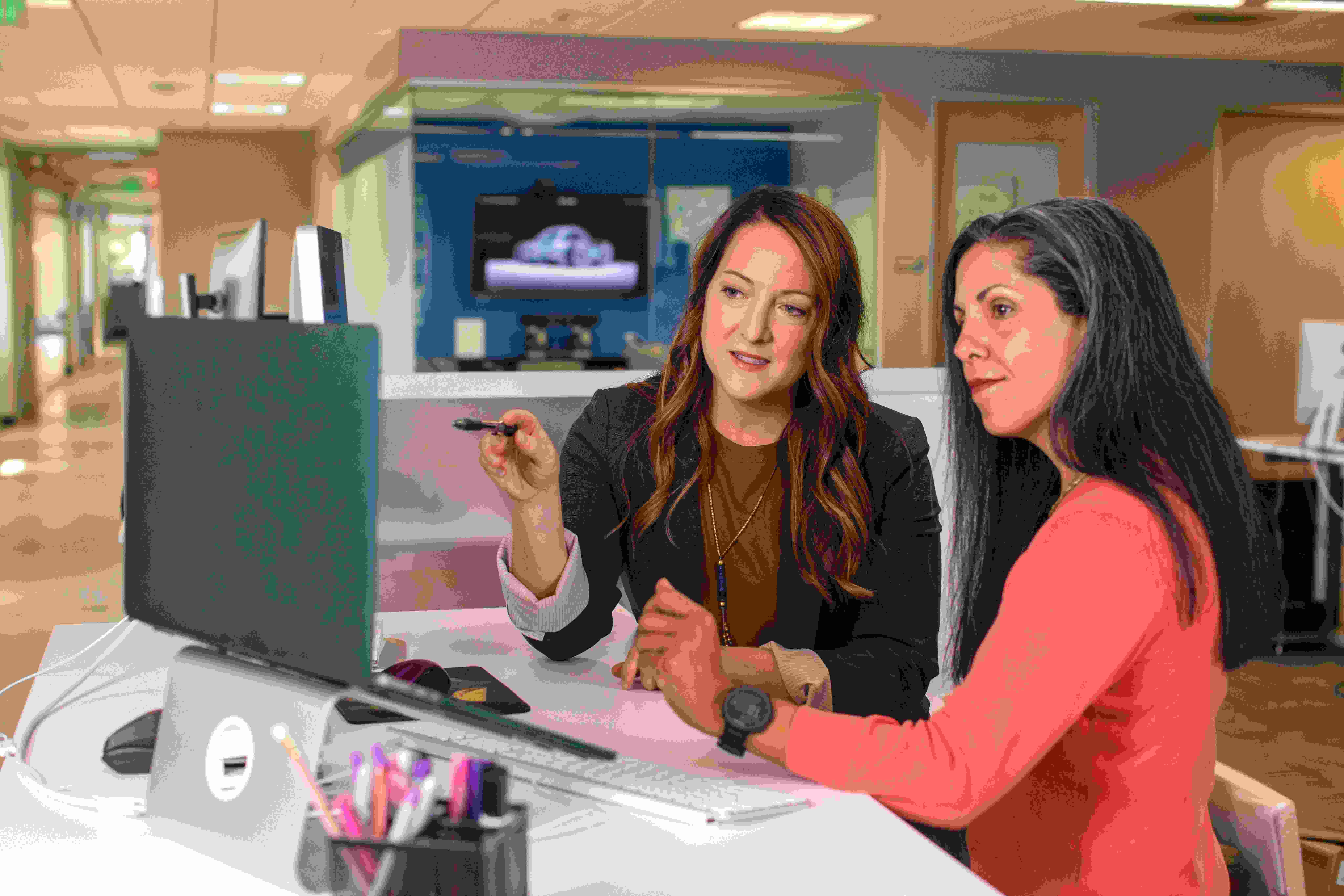An illustrative photo of two women sitting at a table looking at a computer screen.