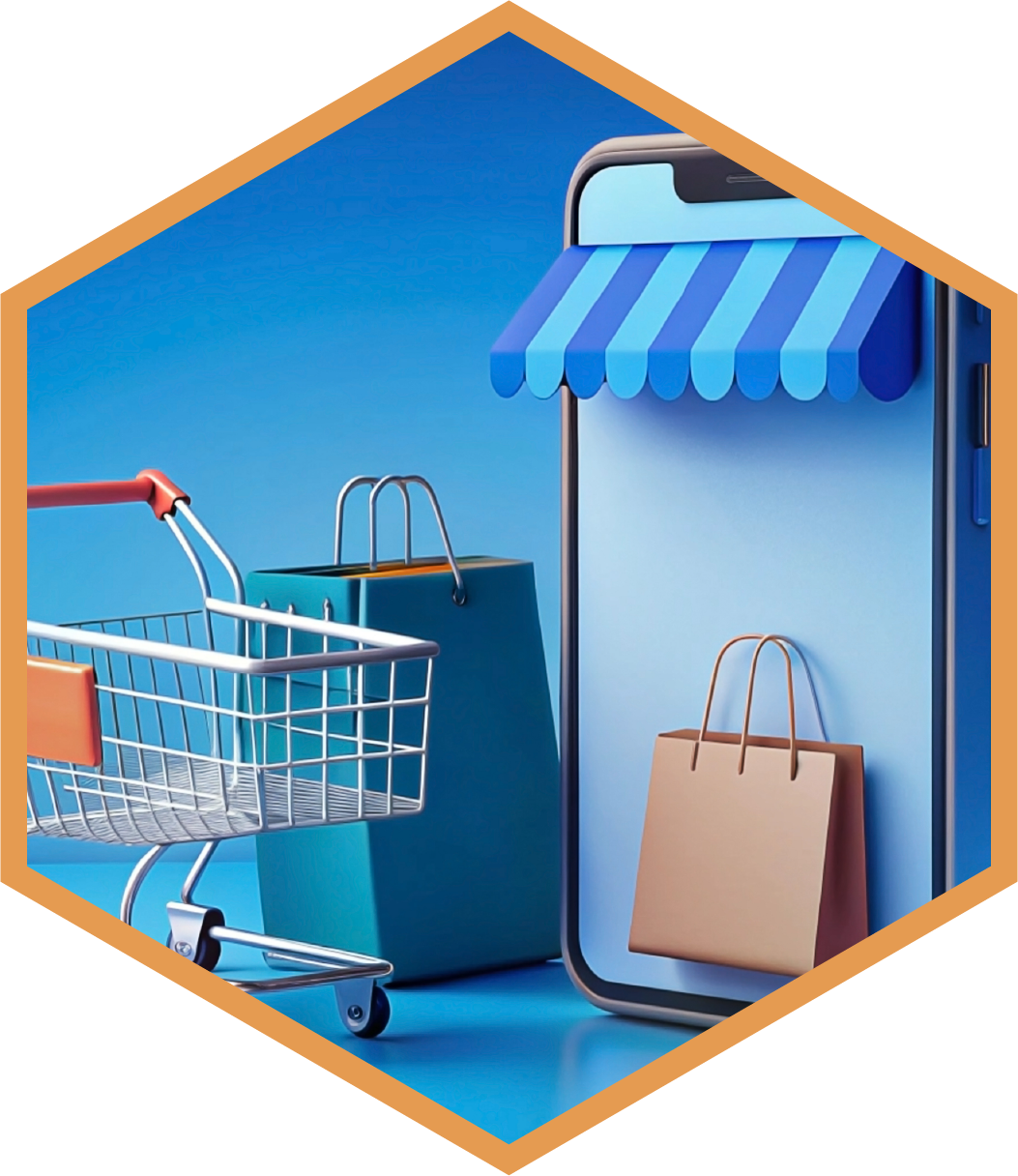 A photo presenting a smartphone with a small storefront display next to shopping bags and a cart, illustrating online shopping.