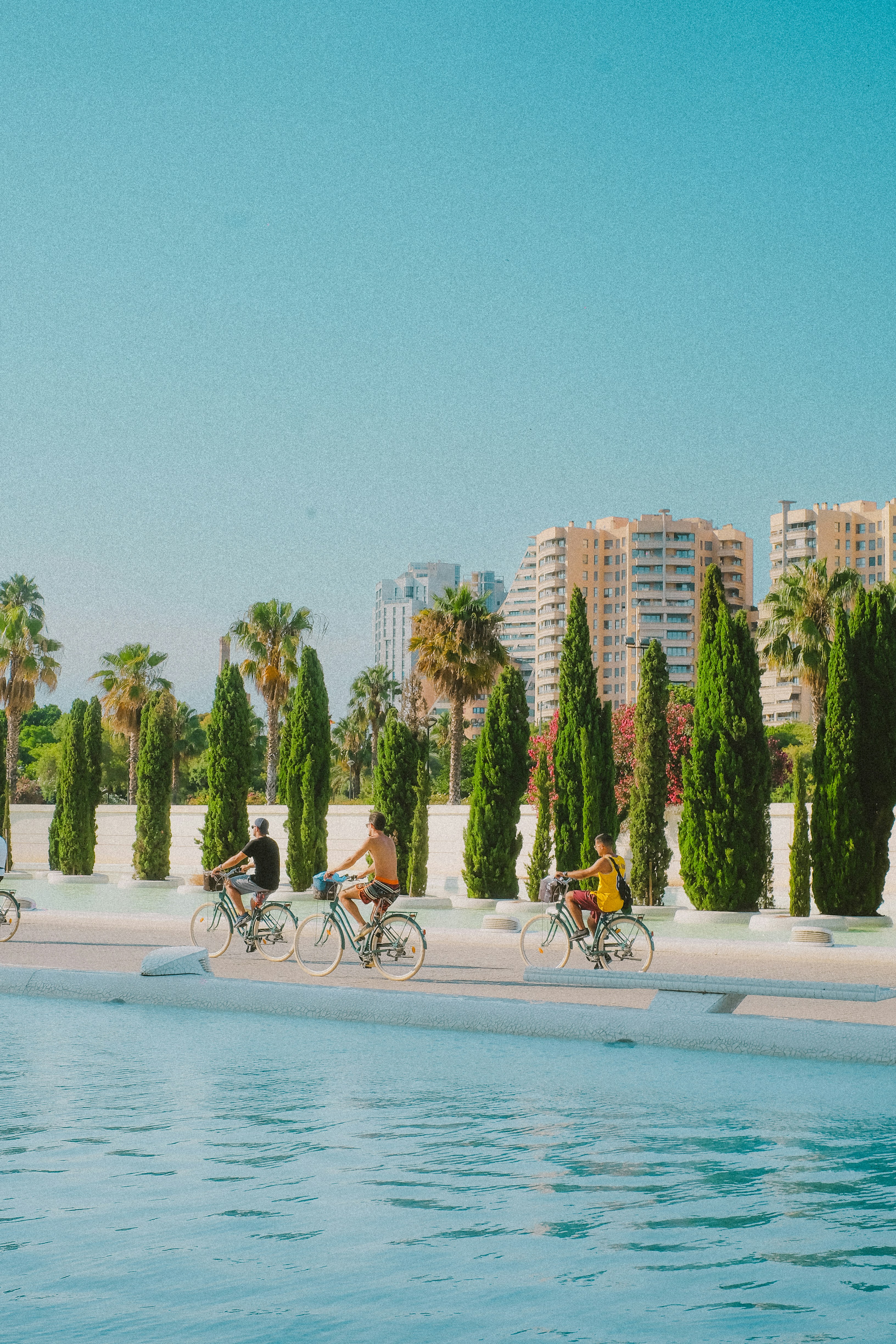 People cycling by the body of water in Valencia