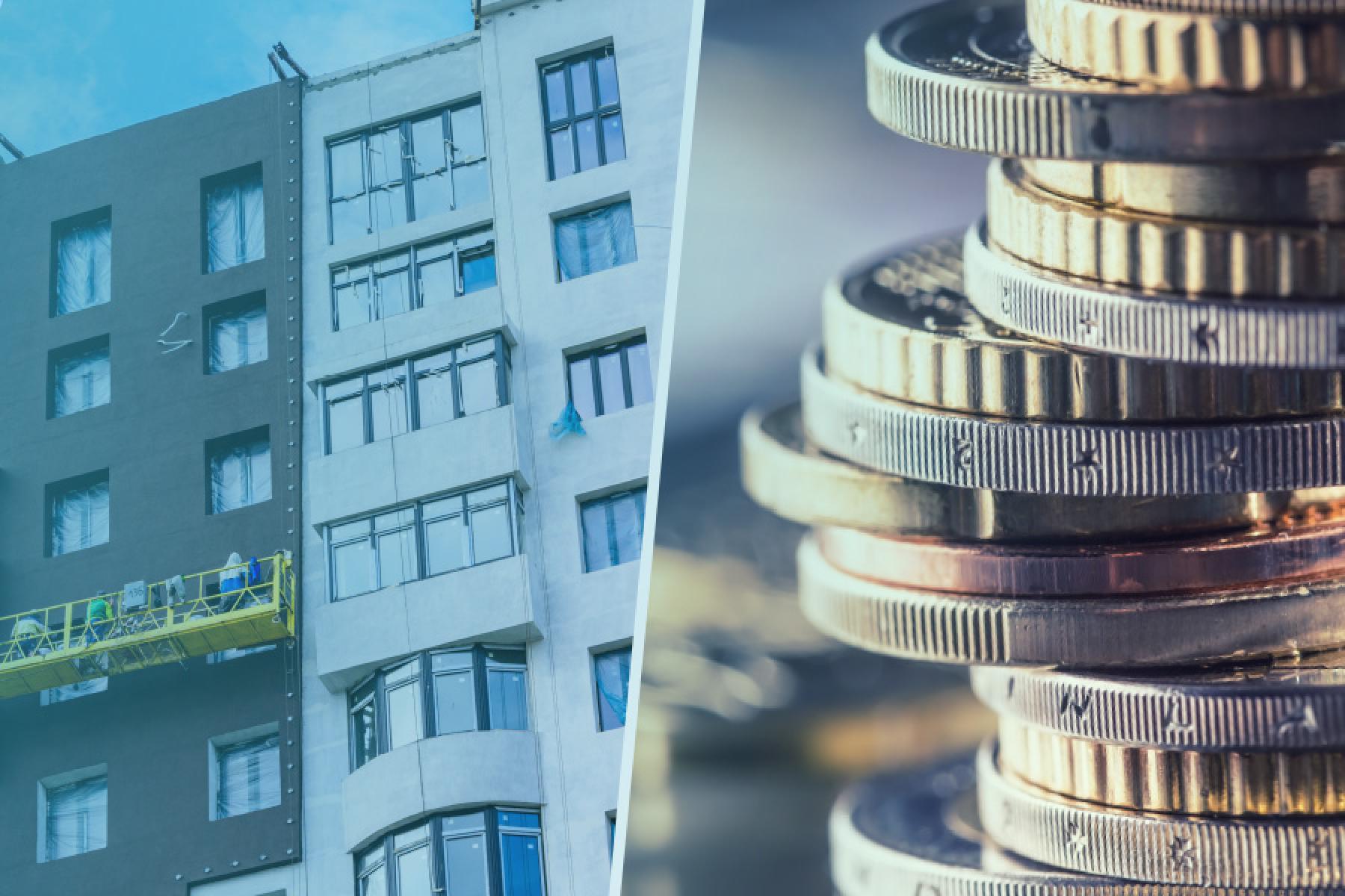 Image cut in half showing a building and a stack of coins Image cut in half showing a building and a stack of coins