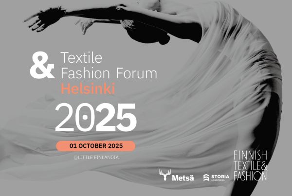 Promotional poster for the Textile & Fashion Forum Helsinki 2025, featuring a dancer in flowing fabric.