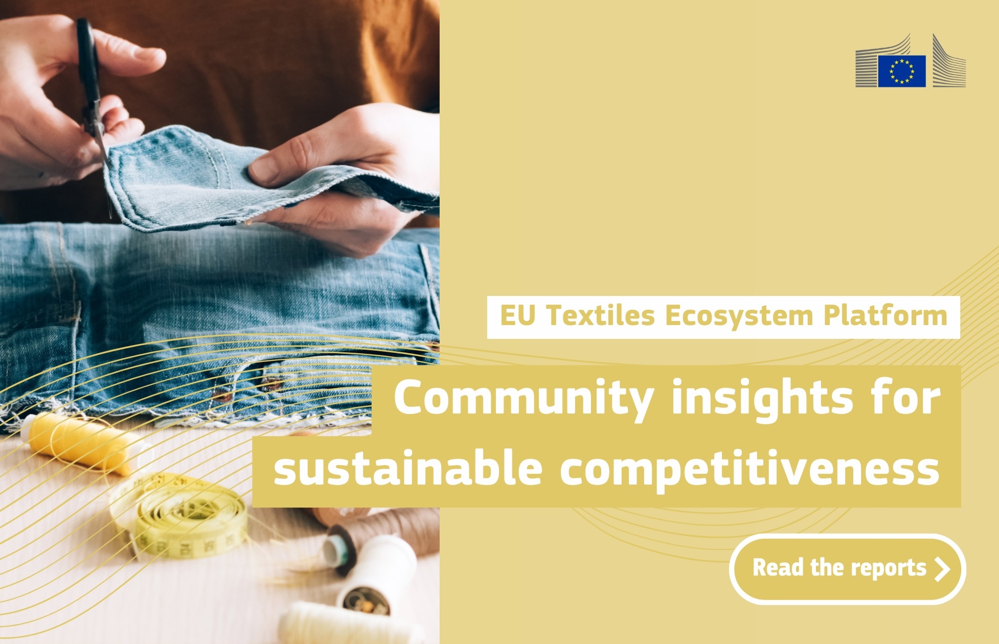 A person cutting denim fabric with scissors, overlaid with text promoting community insights for sustainable competitiveness.
