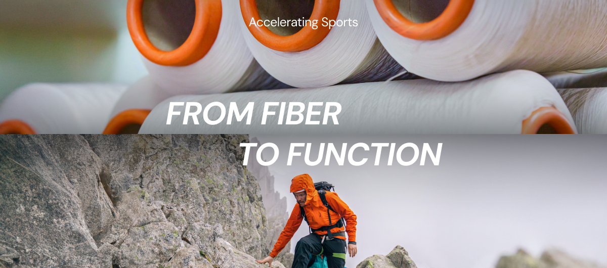 Close-up of yarn spools paired with a climber in technical outdoor gear.