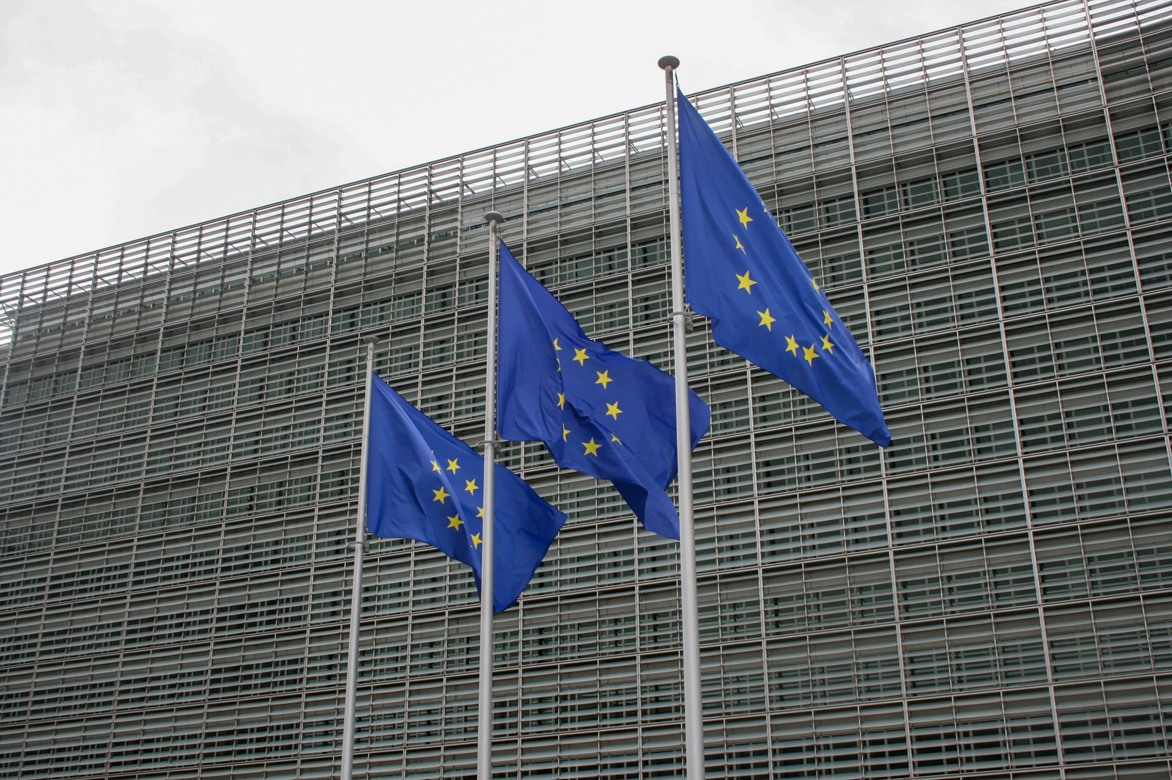 Three European flags flying in front of an institutional building.