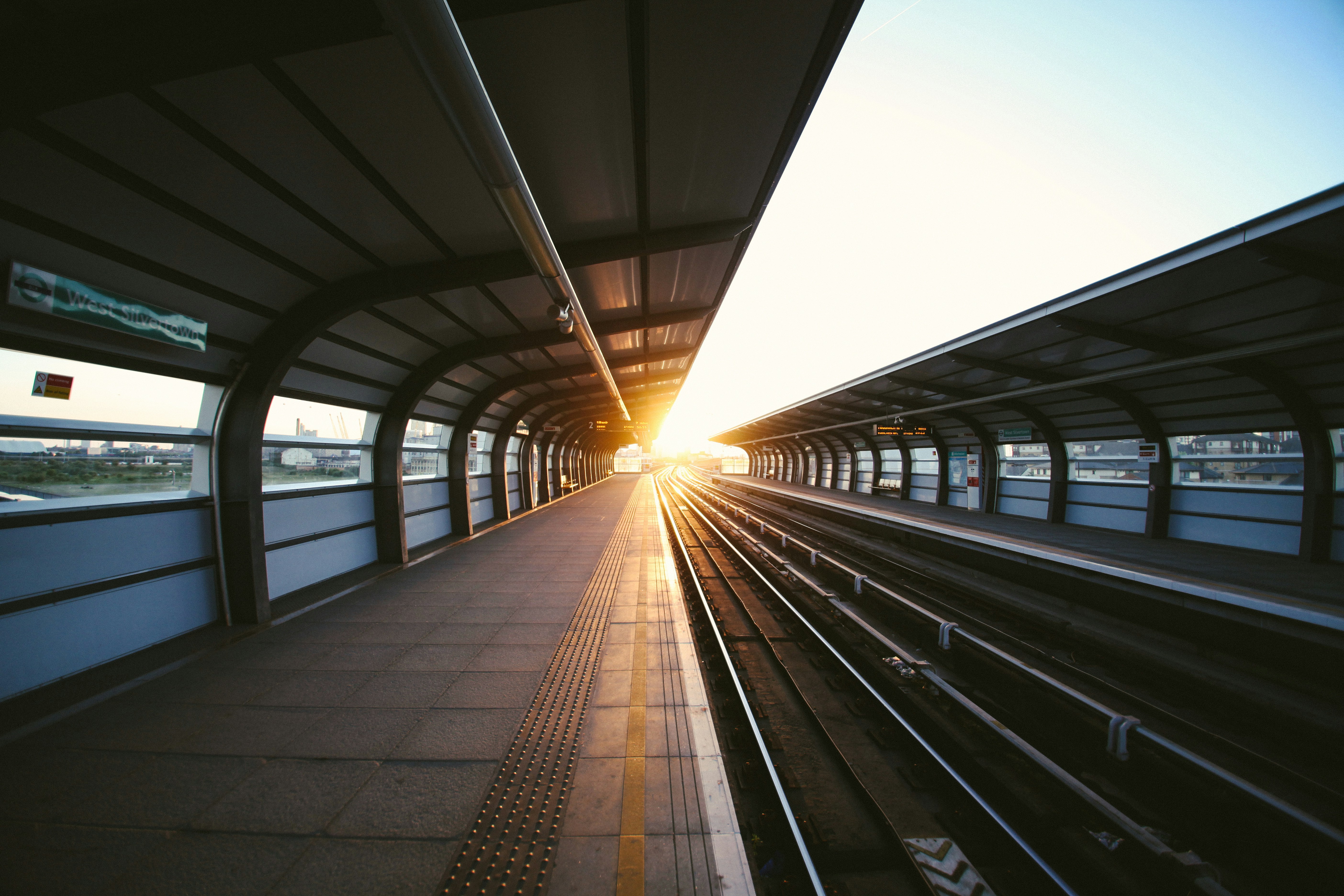 Train platform by sunset