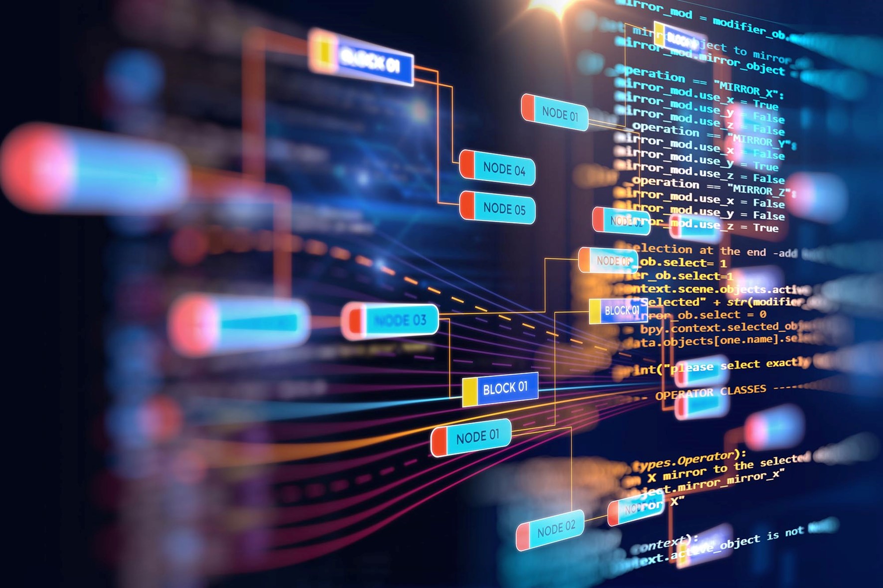A stylized visualization of code and interconnected nodes, representing data flow, programming logic, and digital systems.