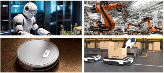 A collage showing robots in manufacturing, logistics, and home automation.