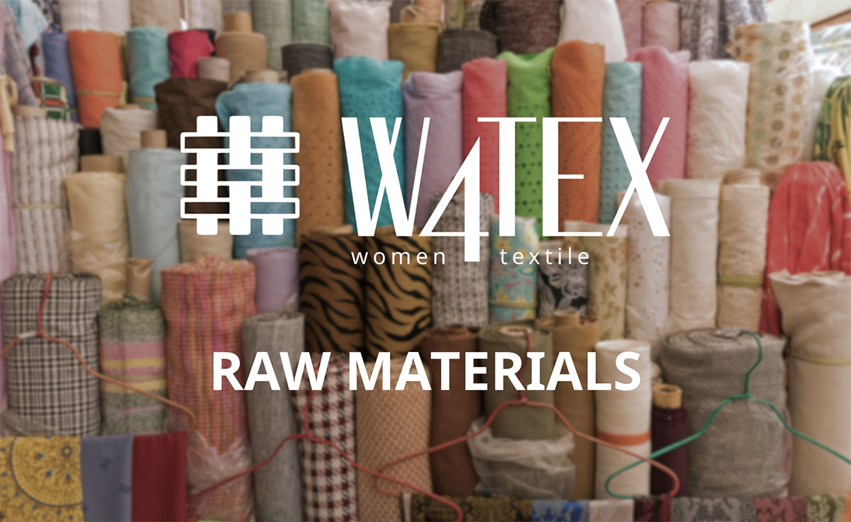 Stacks of colourful fabric rolls labelled “WATEX women textile – Raw Materials,” representing textile raw materials.