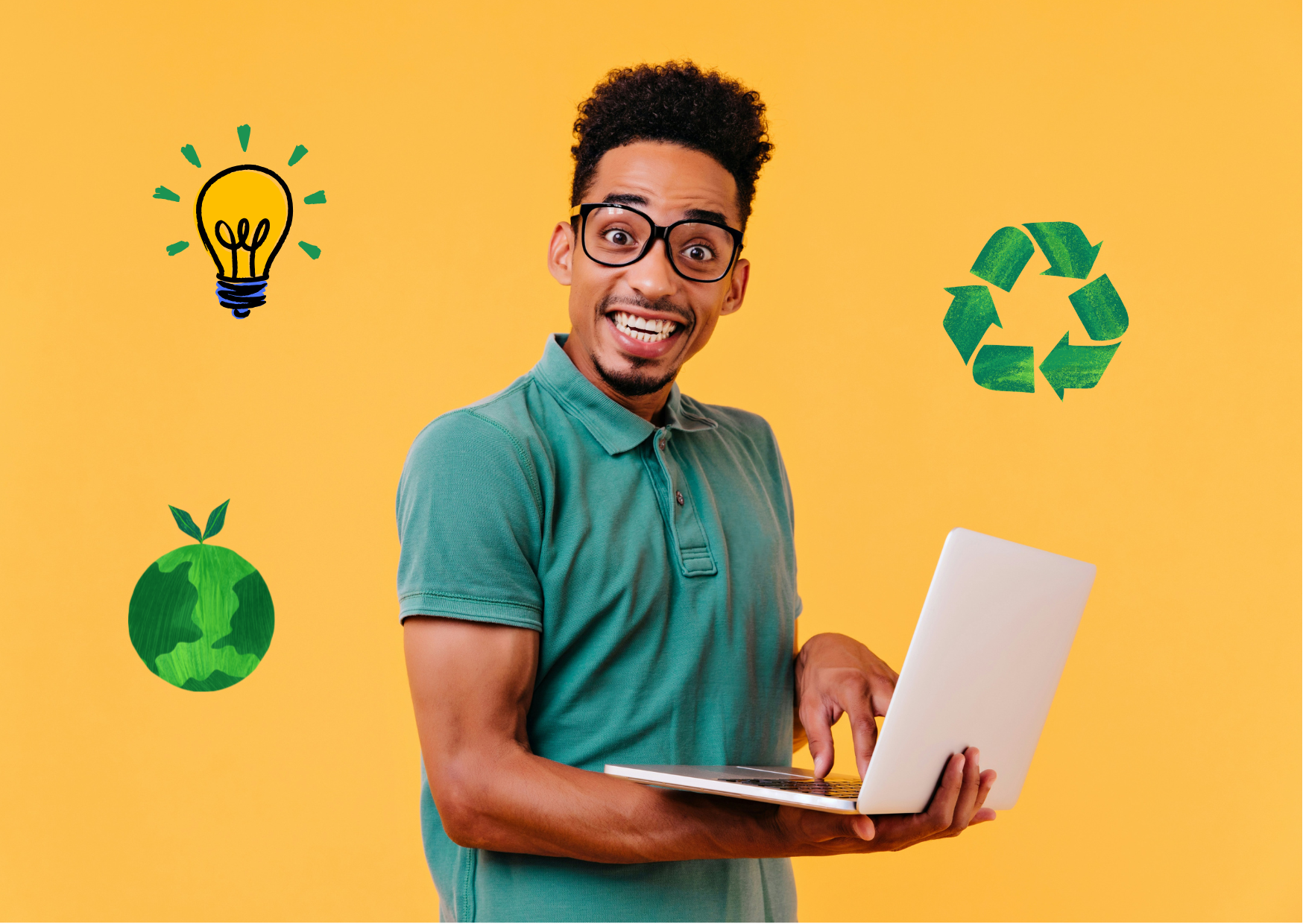 Smiling man using a laptop surrounded by sustainability icons.