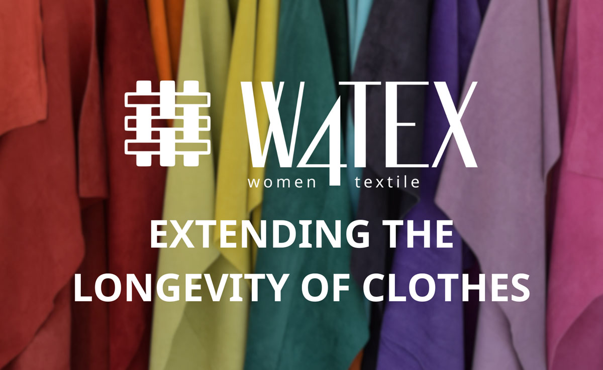 Colorful hanging fabrics with the text “WATEX women textile – Extending the longevity of clothes".