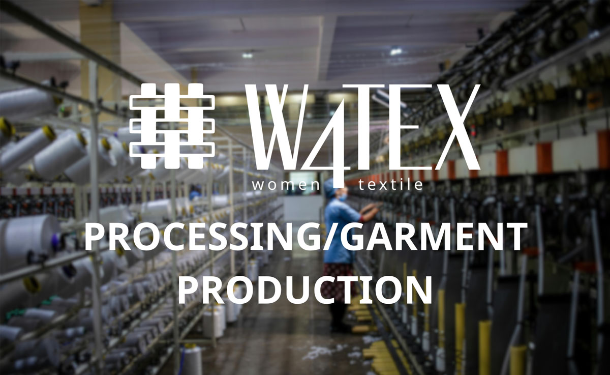 Textile factory interior with spinning machines, labelled “WATEX women textile – Processing/Garment Production".