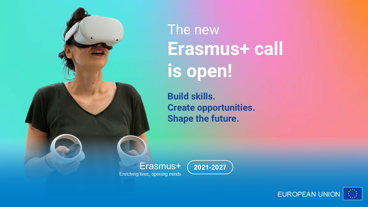 Person using a VR headset next to an Erasmus+ call announcement.