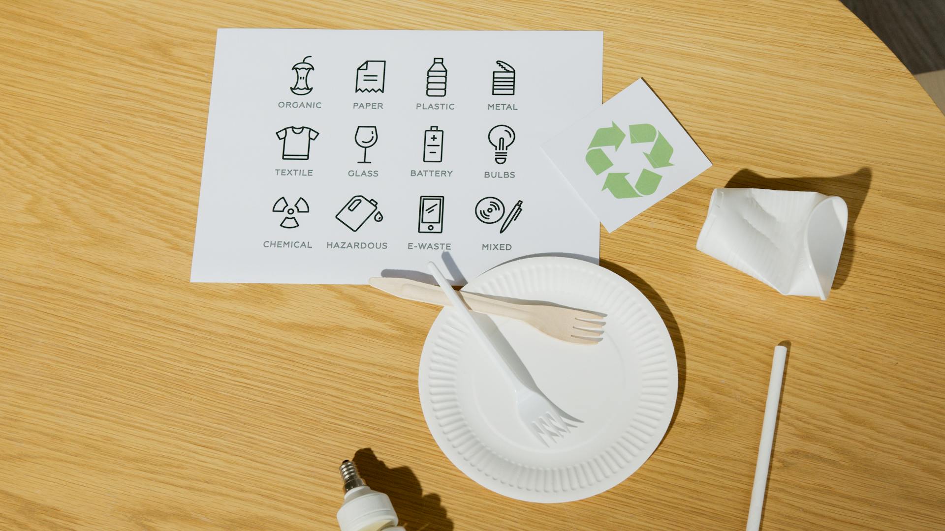Paper forks on paper plate near card with recycling pictographs 