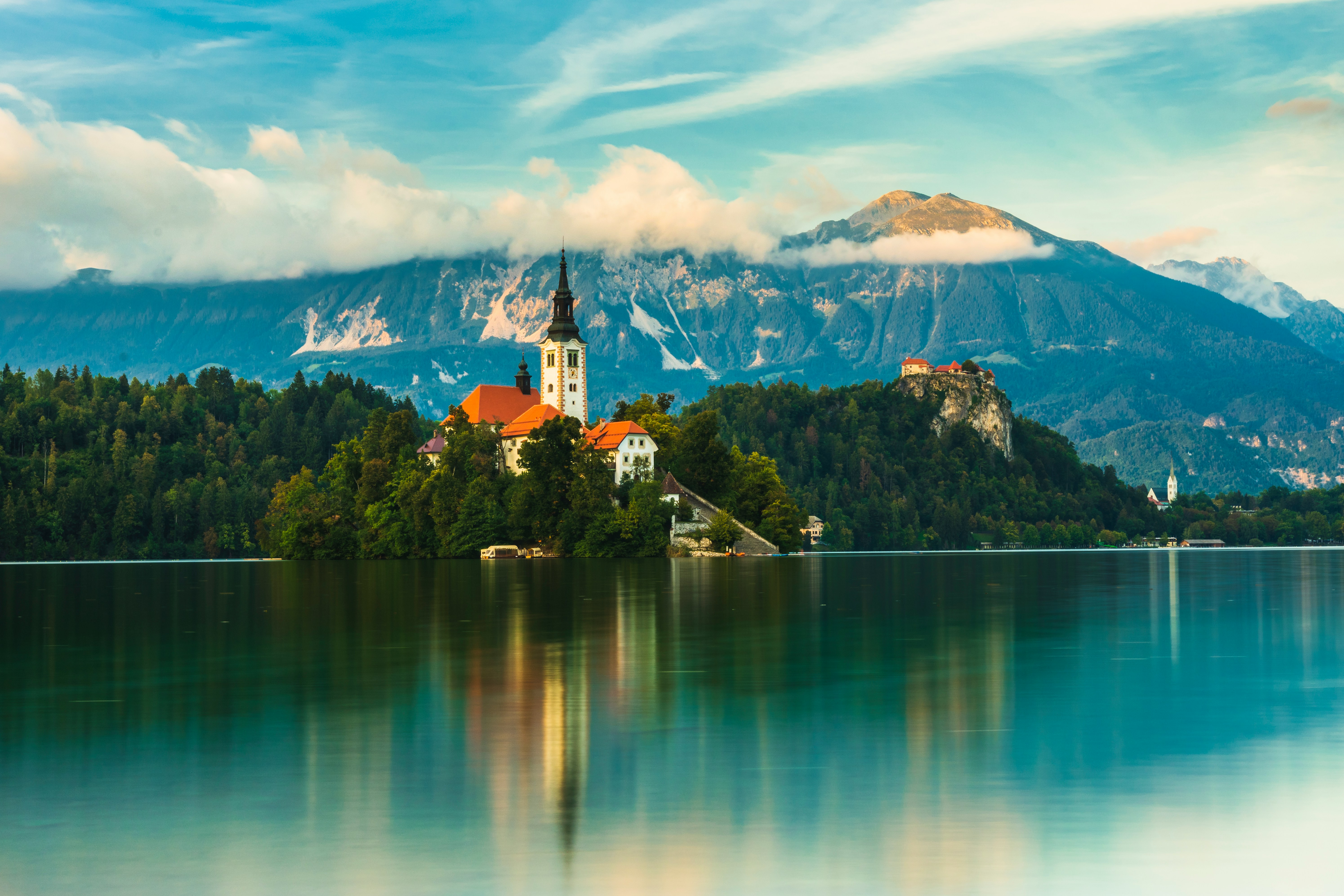 The picture presents lake Bled in Slovenia