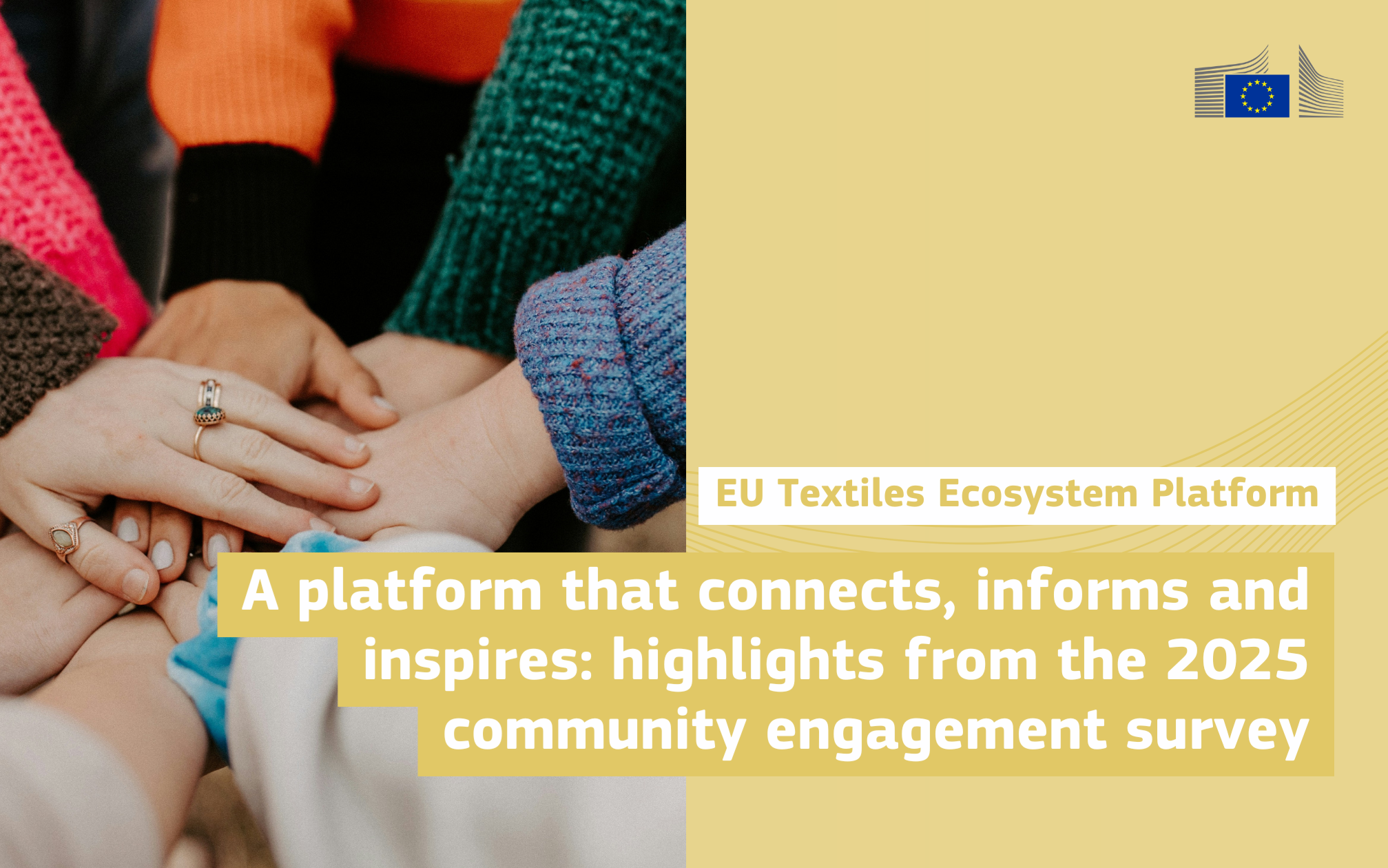 A close‑up of several people placing their hands together in the center of a circle, symbolising unity and collaboration with a reference to the community engagement survey