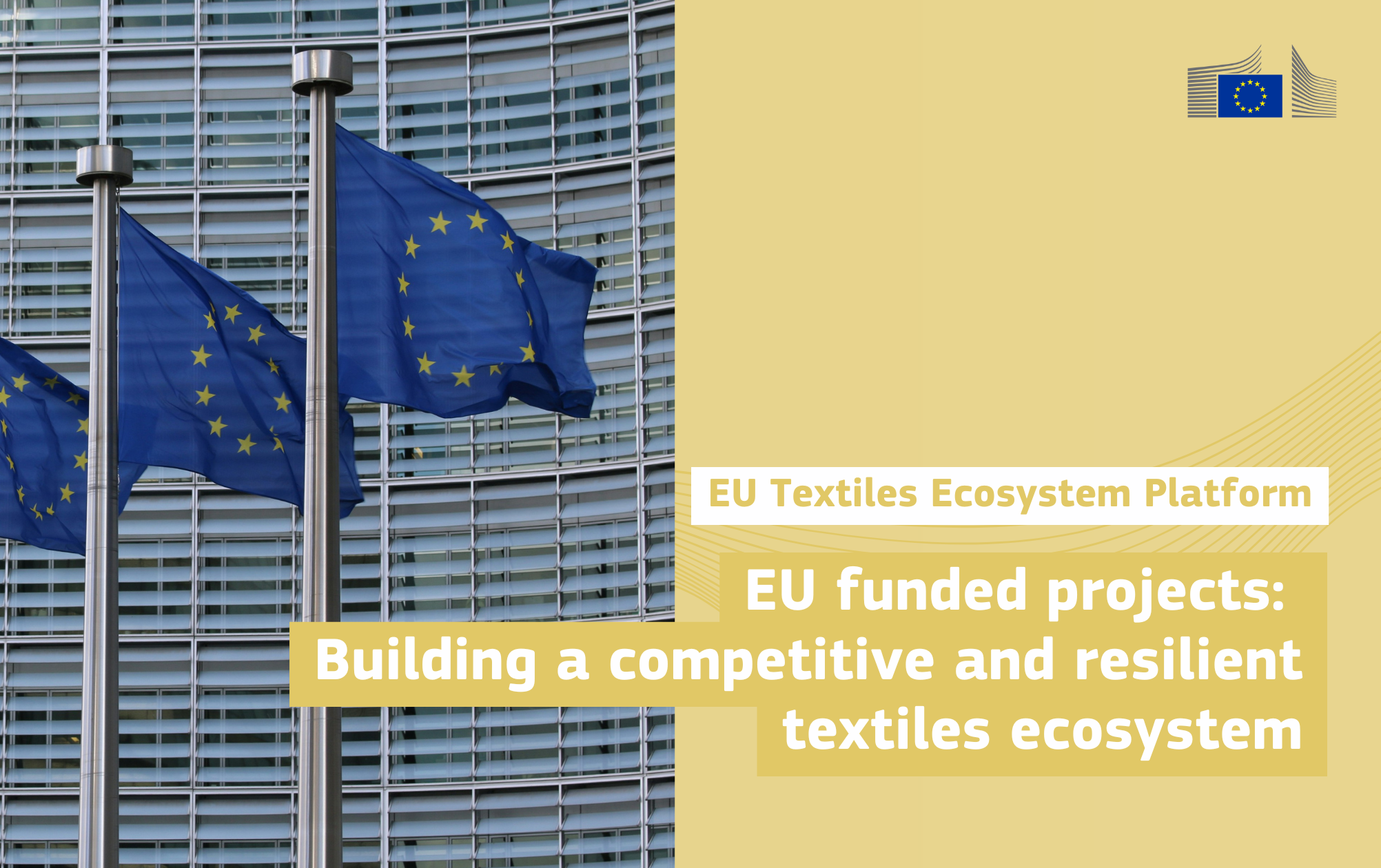 EU flags on poles in front of the European Commission with reference to EU funded projects