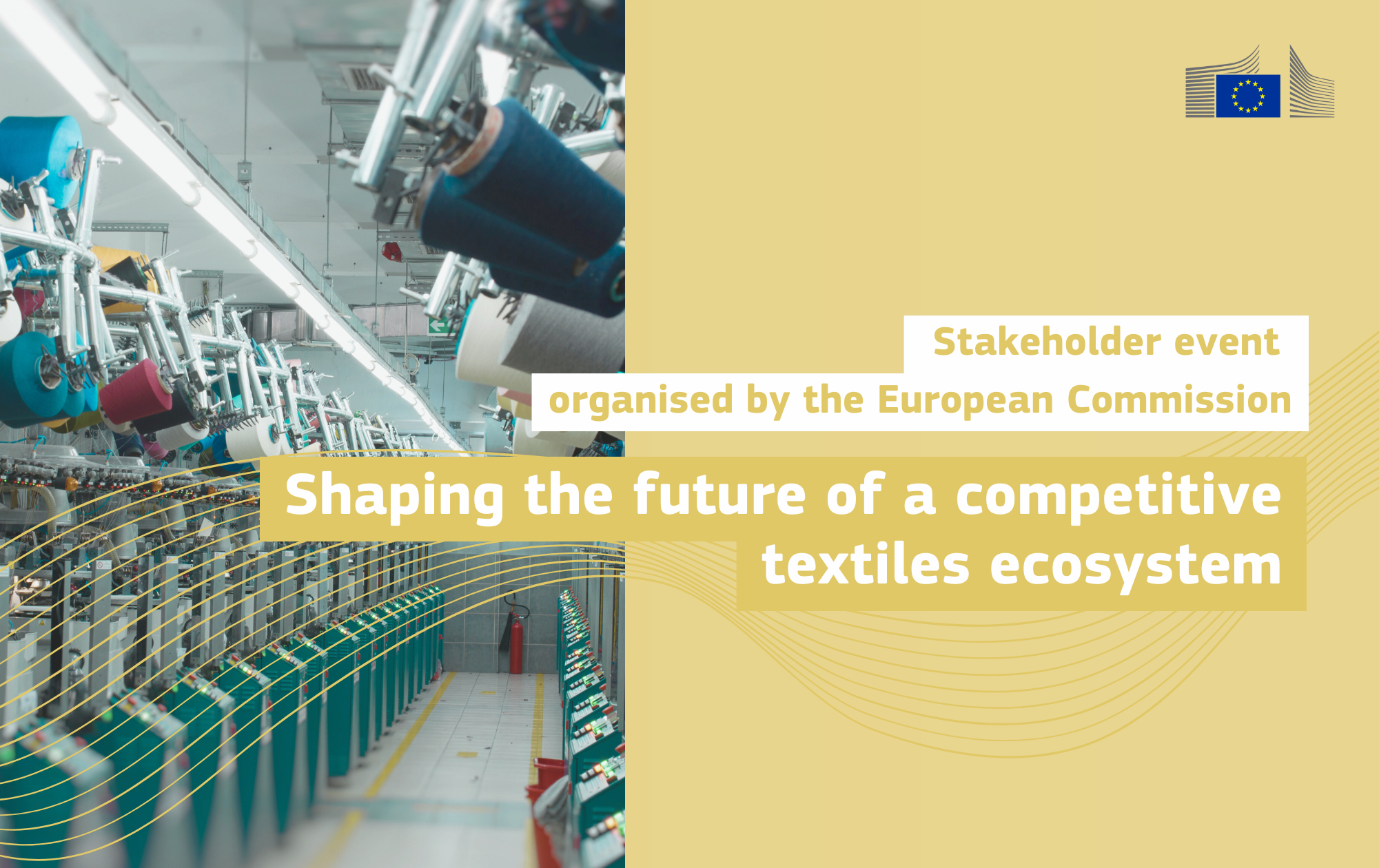 Textile machines with an EU event announcement on the future of the textiles ecosystem.