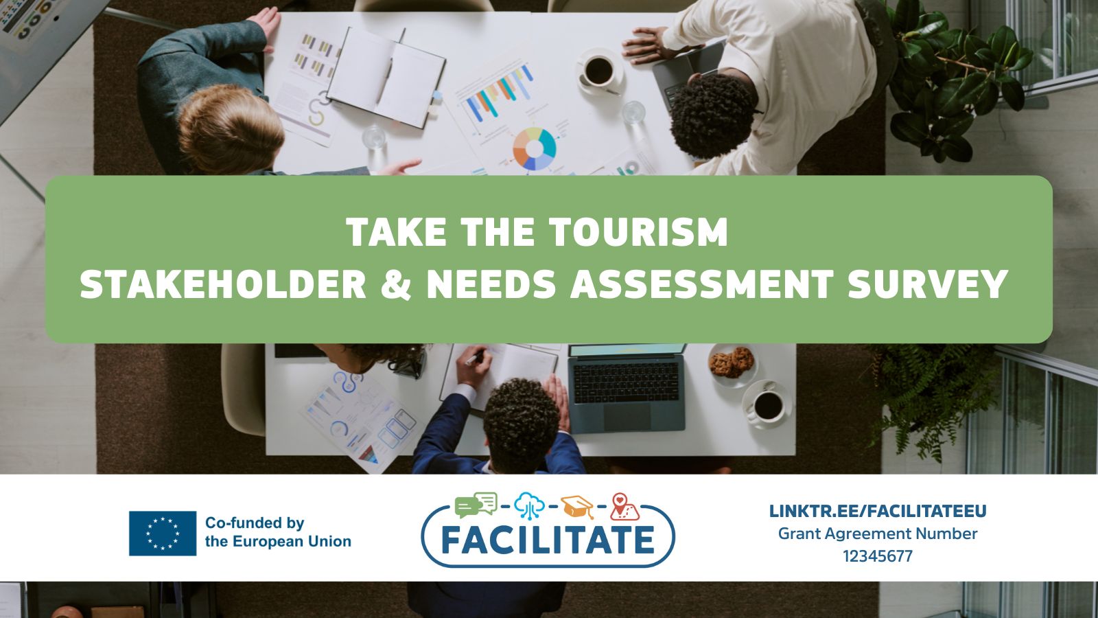 A poster with the survey title and a picture of people at the table in the background