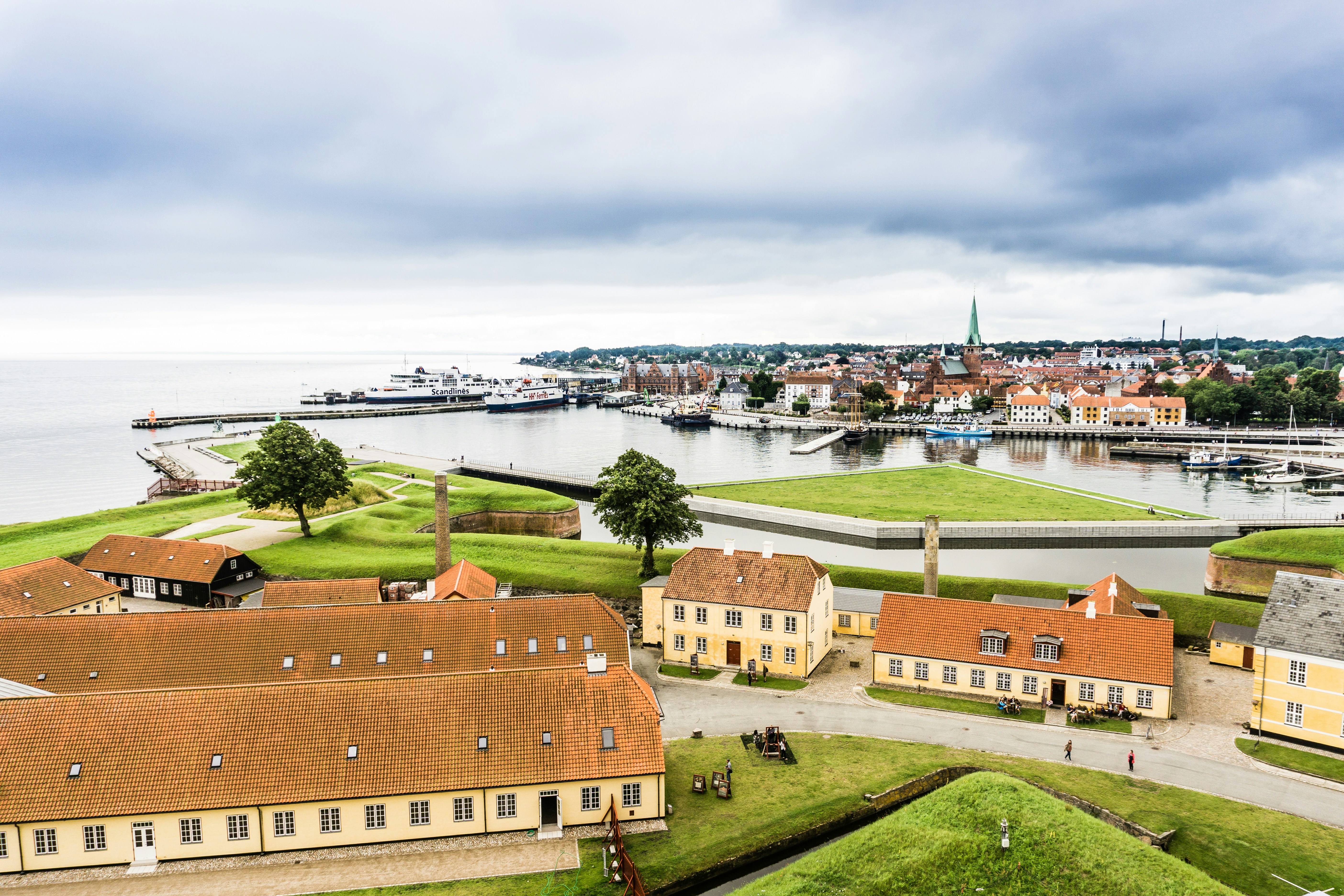 Aerial view of a city by a seaside