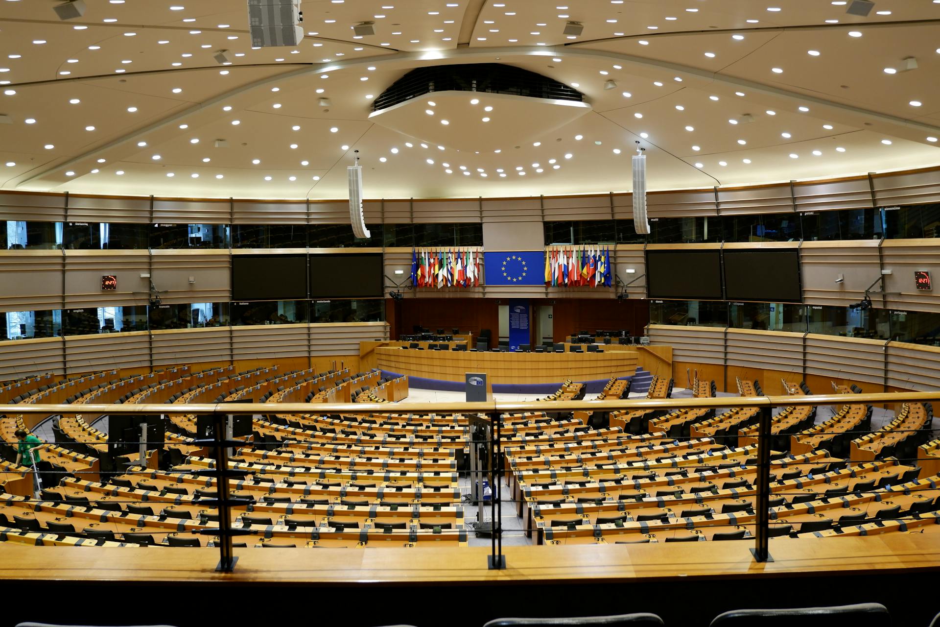 Empty plenary room of the European Parliament in Strasbourg, France. 