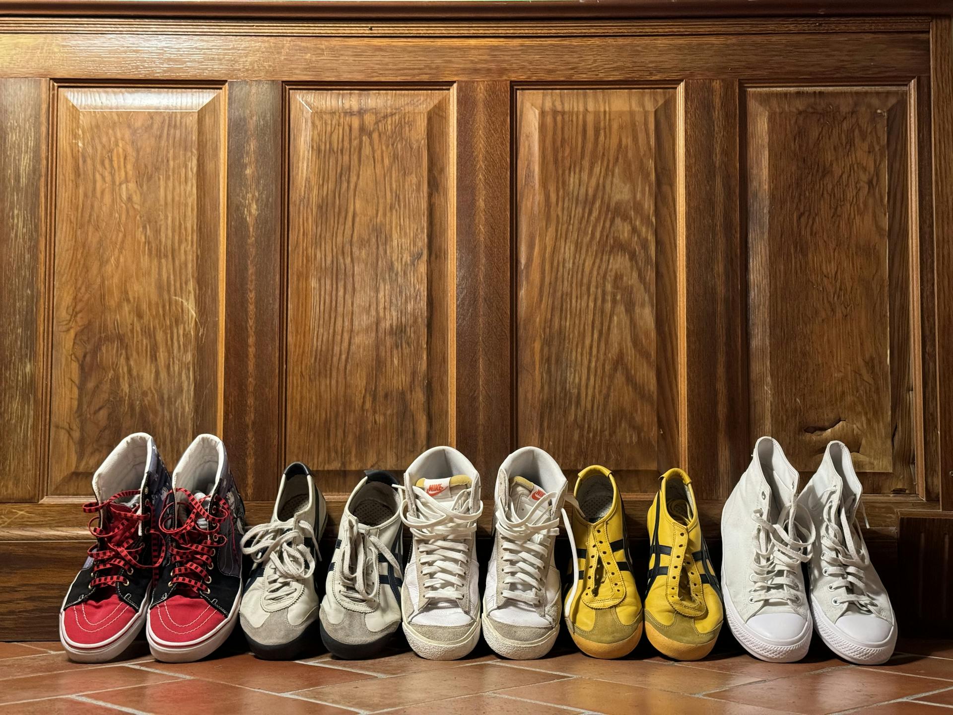 Sneakers on display inside a house.  