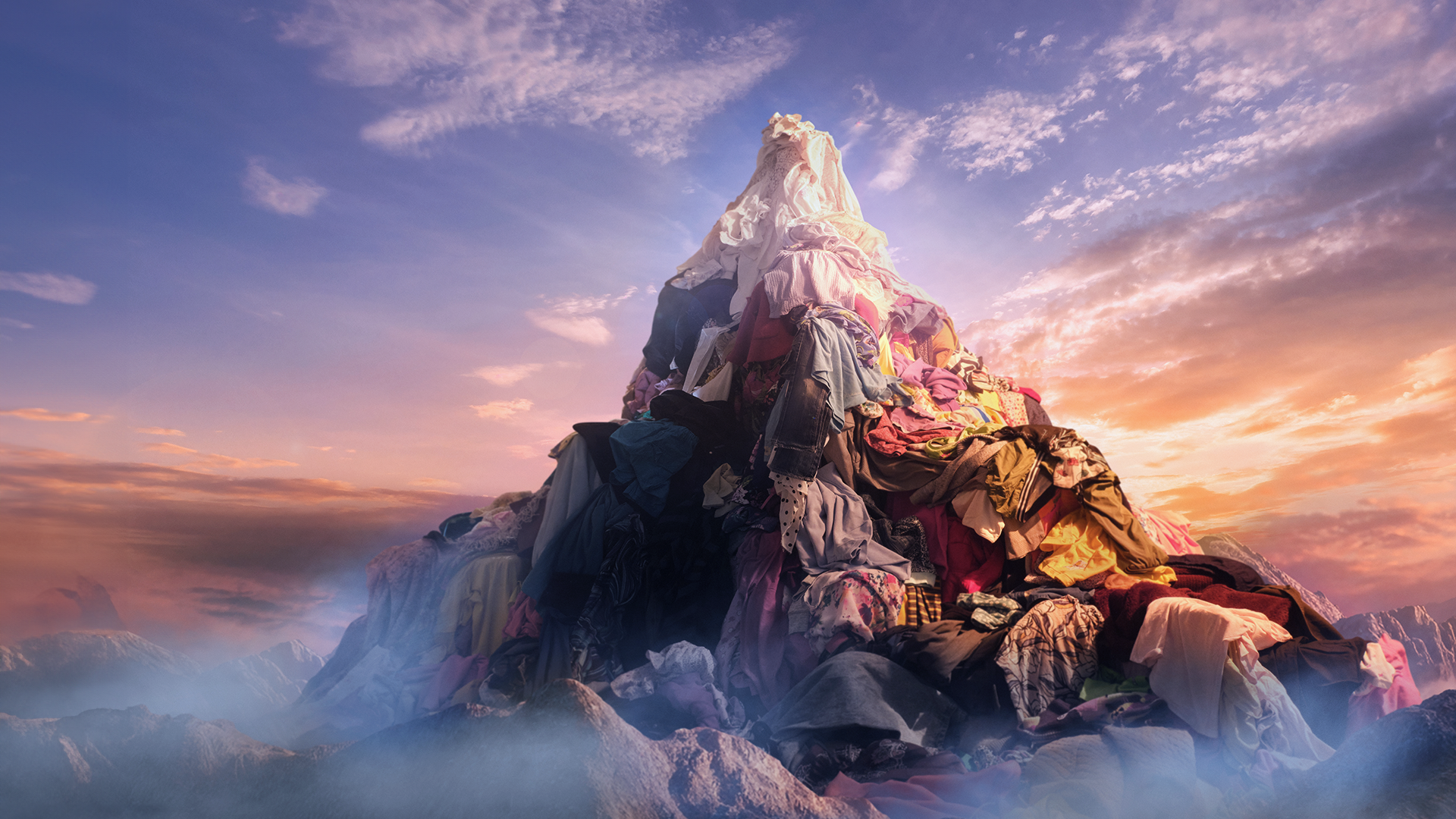 mountain-like pile of colorful clothes