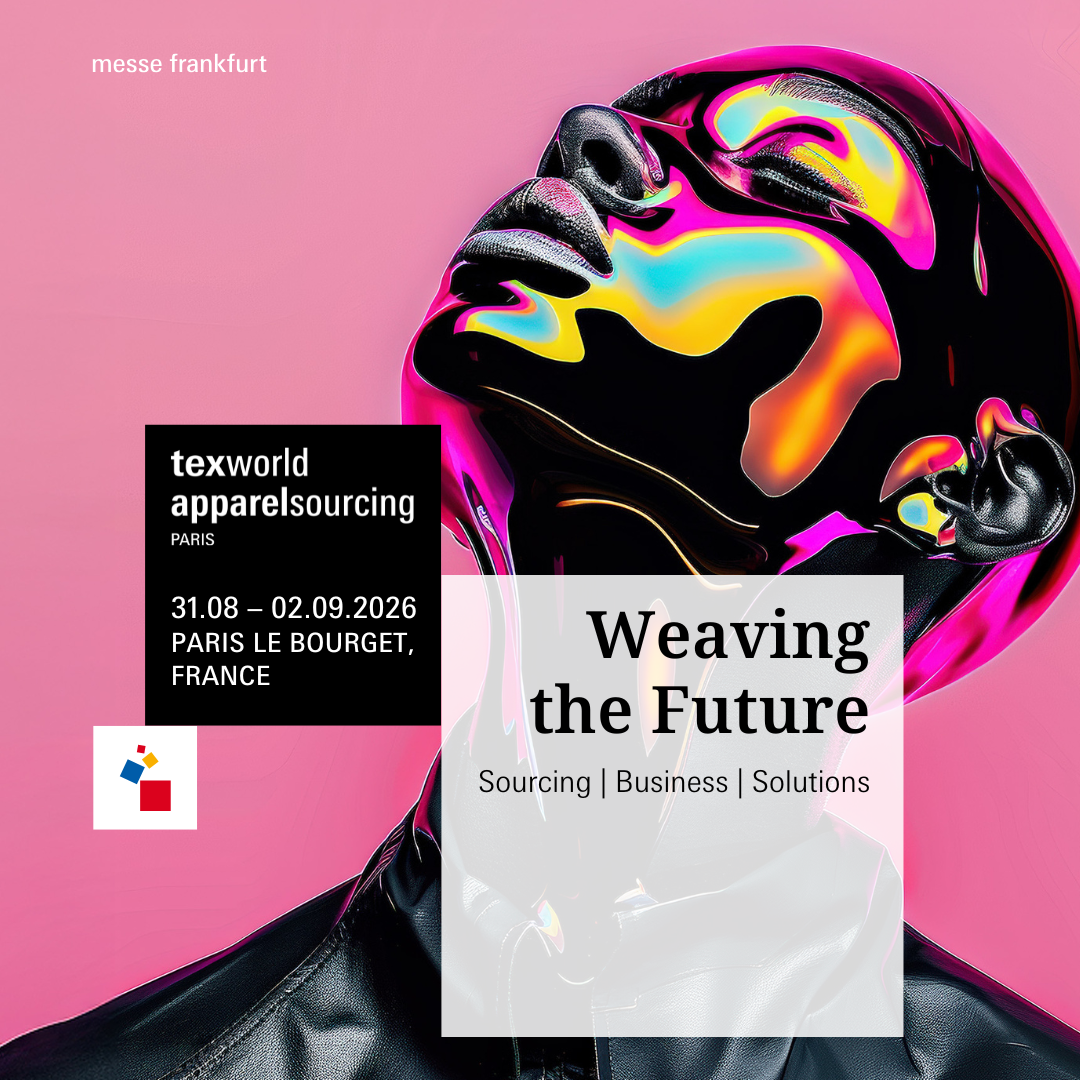 Promotional poster for Texworld Apparel Sourcing Paris 2026 featuring a stylised face and event details on sourcing and textile business.