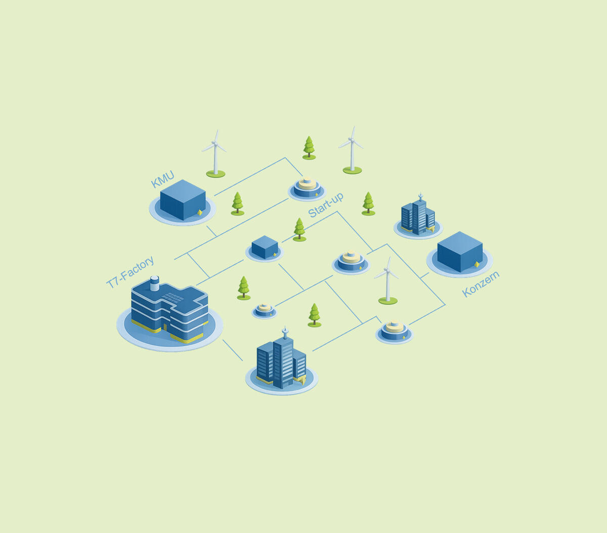 Blue houses on green background