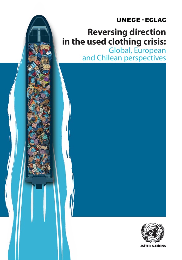 Poster showing a ship filled with used clothes, highlighting the global used clothing crisis.