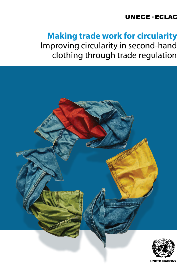 Poster showing clothes arranged in a recycling symbol with text on circular trade and second-hand clothing.