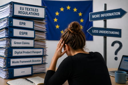 Person facing EU flag with stacked folders labeled “EU Textiles Regulations” and signs pointing to “More information” and “Less understanding.”