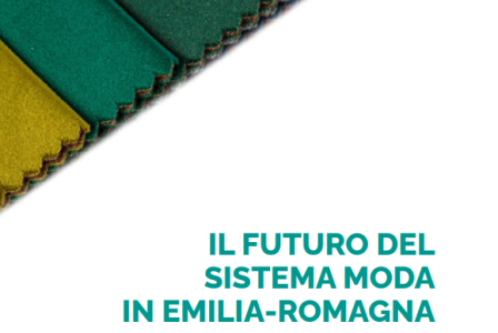 Stack of colourful fabric swatches with Italian sustainability report title.