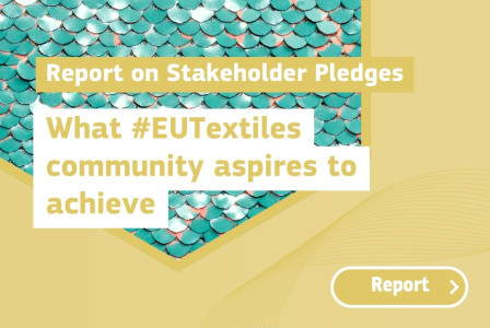 Banner with teal textile texture promoting a “Report on Stakeholder Pledges” for the #EUTextiles community and a call-to-action button.