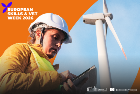 Worker using a tablet in front of a wind turbine, with “European Skills & VET Week 2026” text on an orange background.