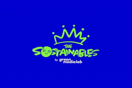 The Sostainables green logo on blue background