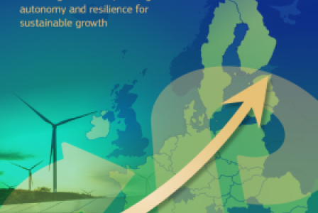 The pic presents a sustainability-themed EU graphic with a map of Europe, a wind turbine, and an upward arrow symbolizing green growth and innovation.
