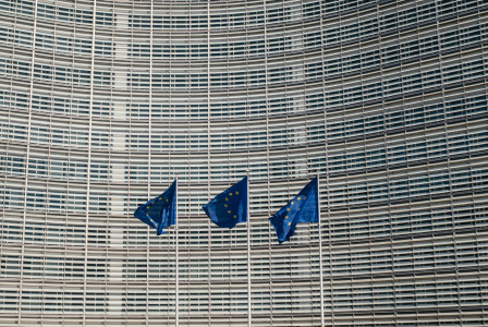 Photo presenting European Union flags in front of a modern office building facade.