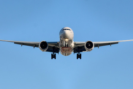 The picture presents a landing plane.