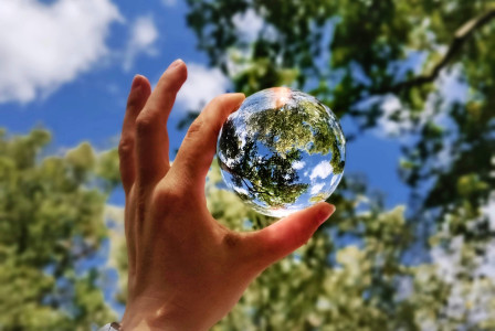 Photo presenting a hand holding a clear glass sphere reflecting green tree branches against a bright blue sky with clouds