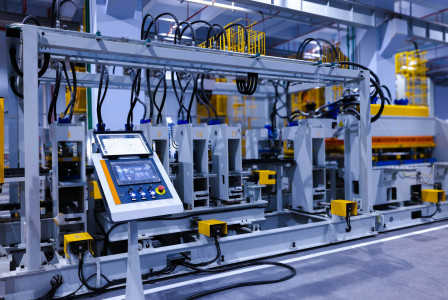 The photo presents an automated industrial machine with control panels and production equipment inside a modern factory.