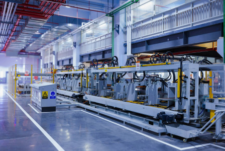 The photo presents machinery inside a modern manufacturing facility.