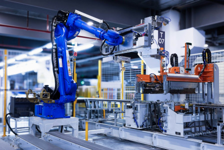 The photo presents an industrial robotic arm operating in a factory.