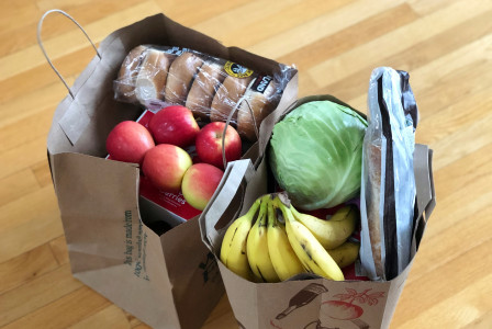 The photo presents two grocery bags filled with food.