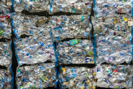The photo presents compressed plastic bottles ready for recycling.