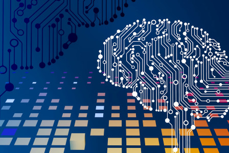 The image presents artificial intelligence represented by a digital brain made of circuit lines.