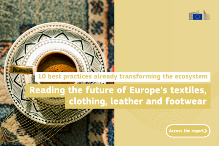 report cover featuring a coffee cup on patterned textiles, titled “Reading the future of Europe’s textiles, clothing, leather and footwear.”