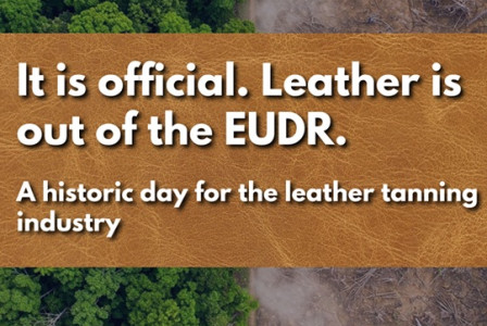 Graphic with the message “Leather is out of the EUDR” over a leather-textured background, with forest and cleared land imagery behind it.