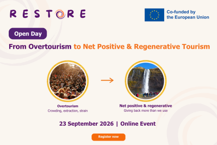 RESTORE Open Day graphic illustrating the transition from overtourism to Net Positive and regenerative tourism, with event information for 23 September 2026.
