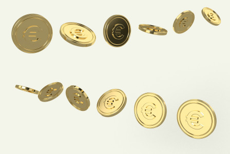 The illustration presents golden coins bearing euro symbols, floating at different angles against a pale background.
