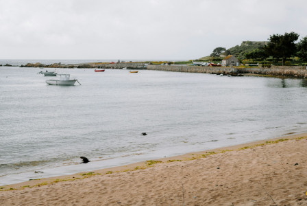 The photo presents a sandy beach beside a quiet harbour, with small boats, a stone seawall and trees under an overcast sky.